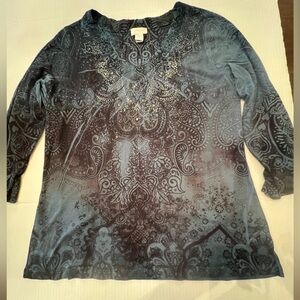 CHICO’S SIZE 1  BLUE & BLACK TOP WITH SILVER APPLIQUÉS (ornamental)